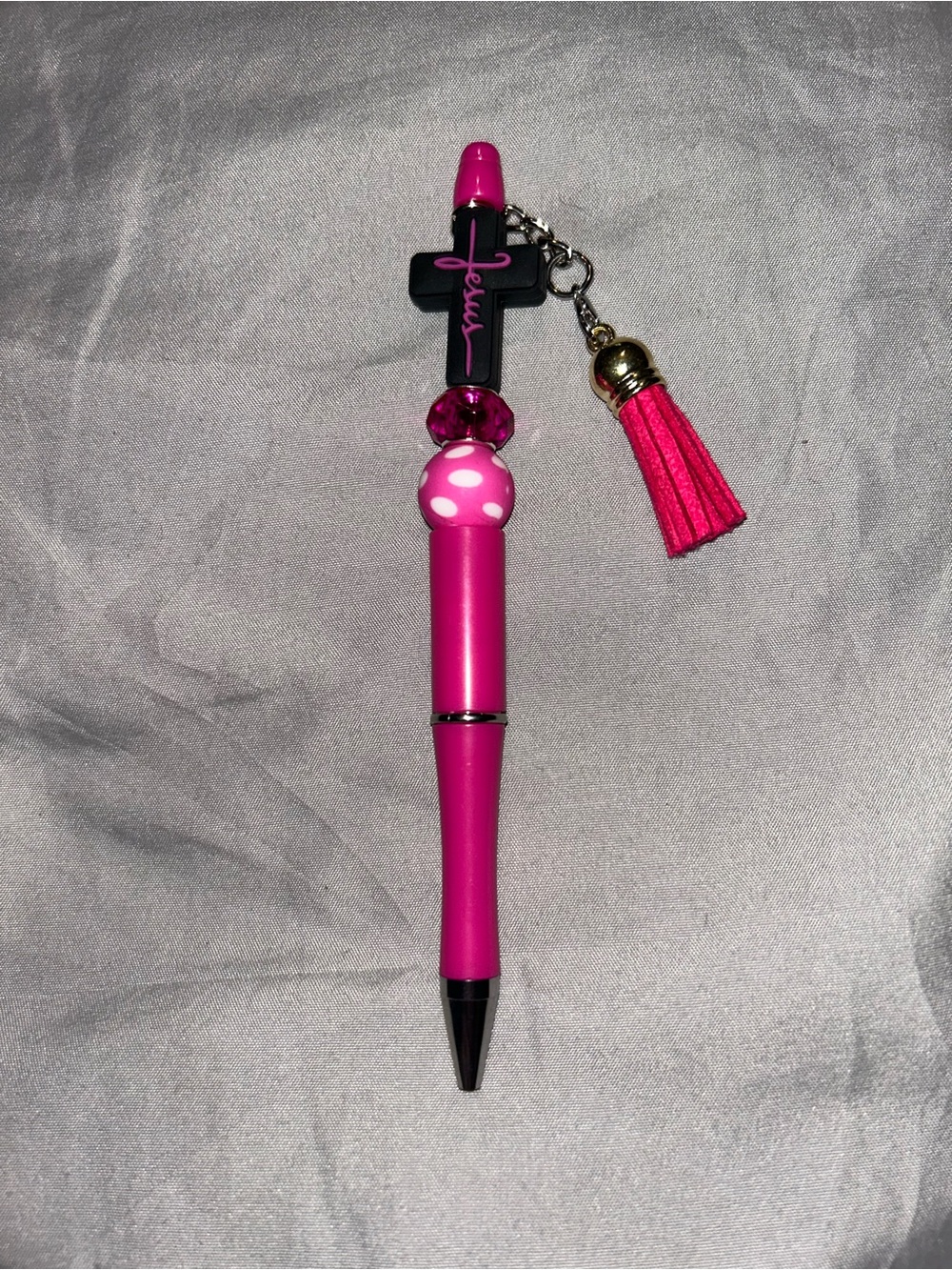 Pink Tassel & Cross Charm Ballpoint Pen Key Chain